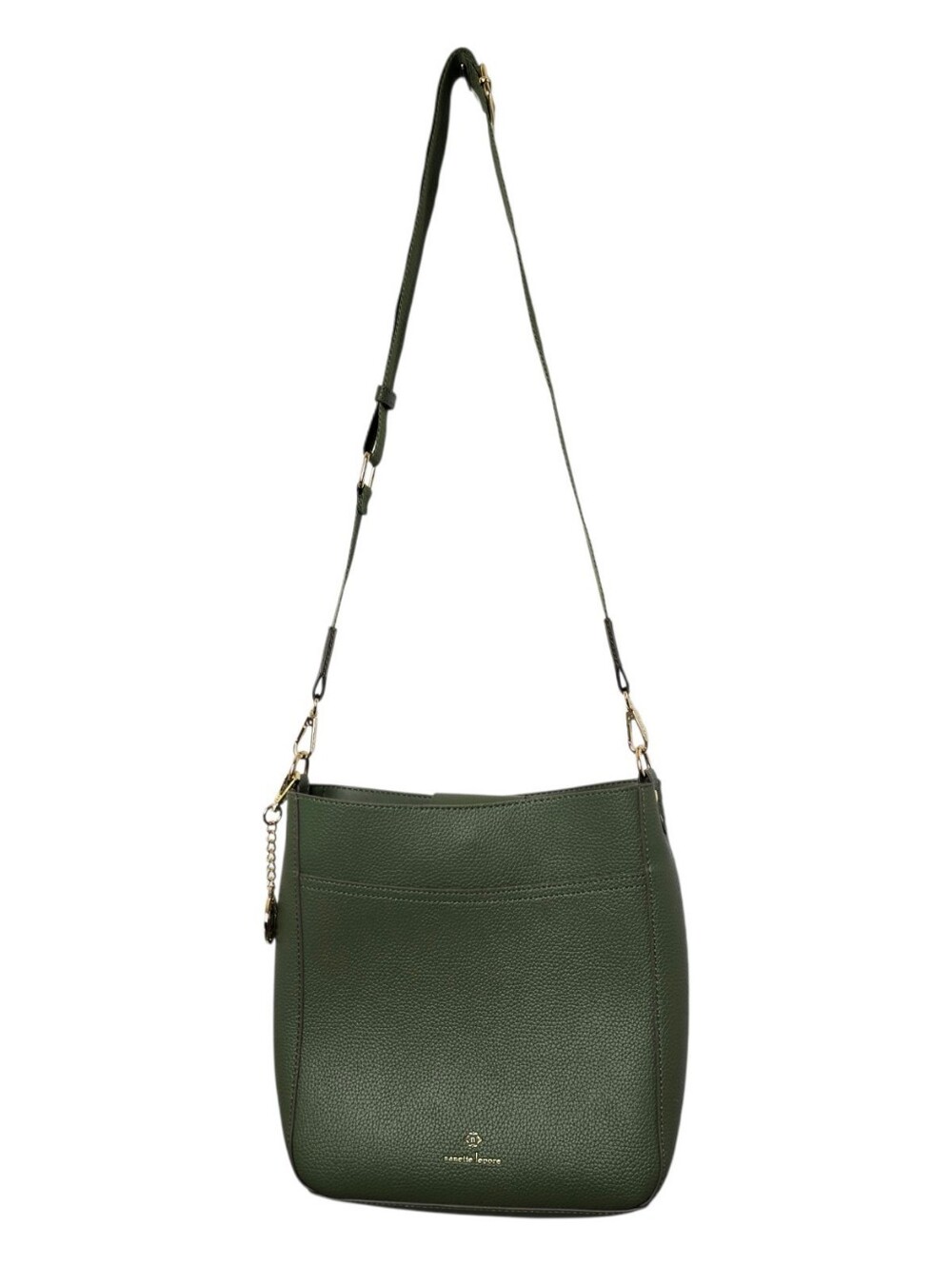 Nanette Lepore Olive Green Pebbled Leather Crossbody Shoulder Bag w/ Gold Logo
